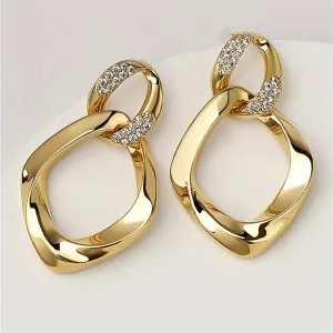 1 Pair Of Statement Earrings 14k Gold Plated Hollow Geometry Design Inlaid Rhinestone