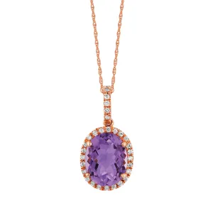 14k Rose Gold Oval Amethyst & Diamond Halo Pendant