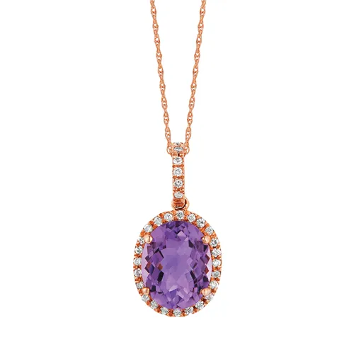 14k Rose Gold Oval Amethyst & Diamond Halo Pendant