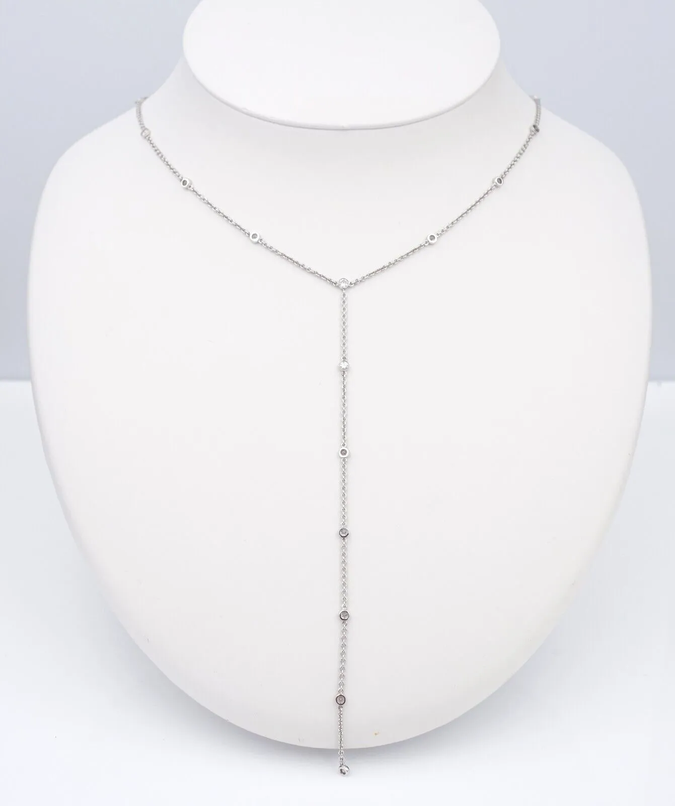 14k White Gold Diamond by the Yard Necklace Y Drop Lariat Pendant 16" CG270