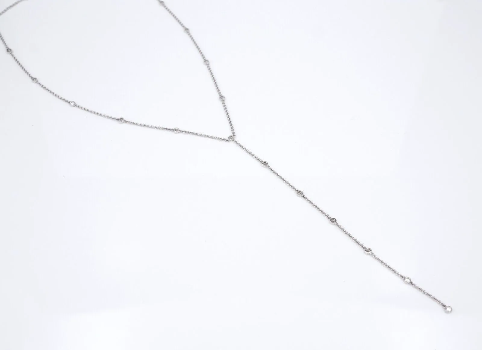 14k White Gold Diamond by the Yard Necklace Y Drop Lariat Pendant 16" CG270