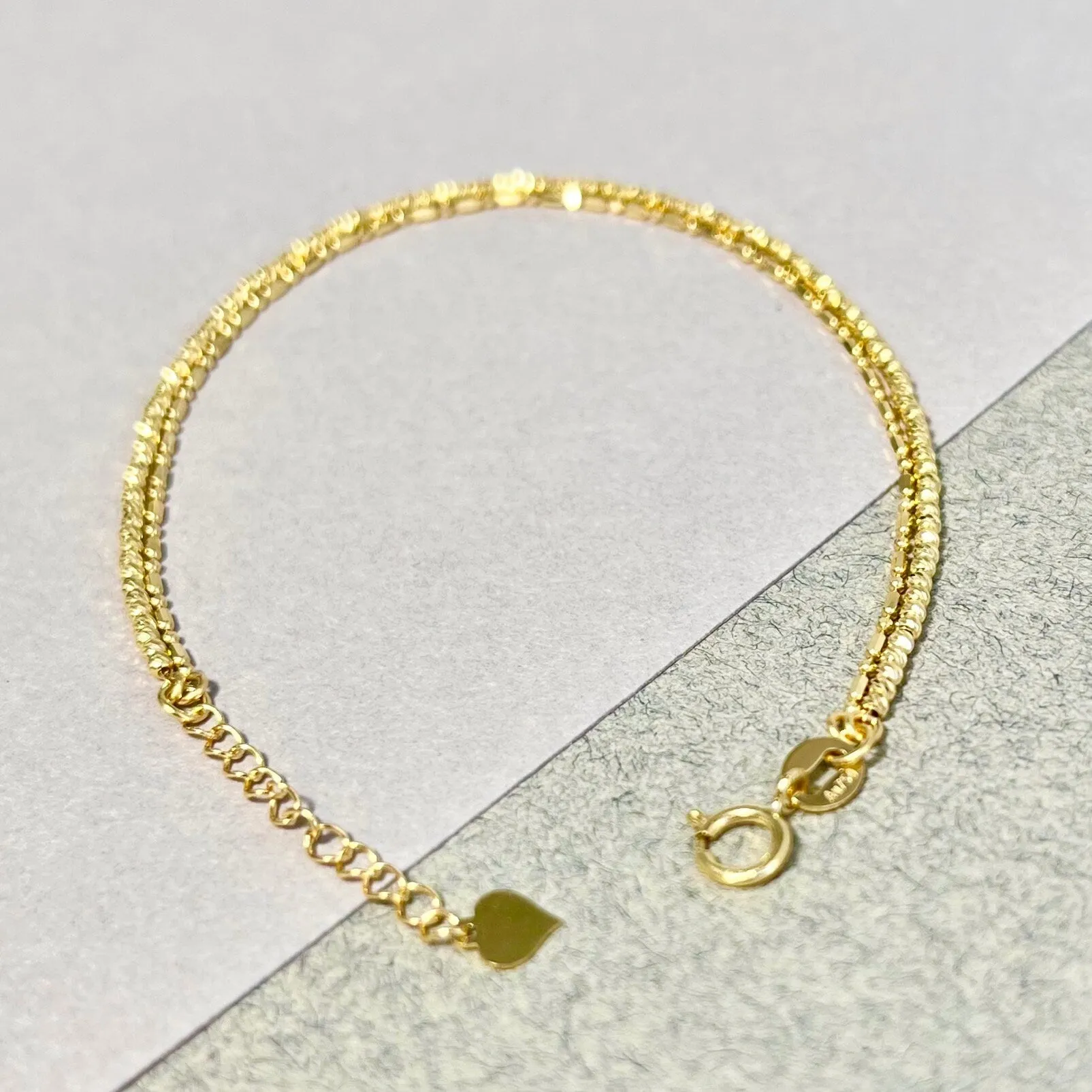 18k Solid Gold Double Chain Diamond Cut Beaded Bracelet