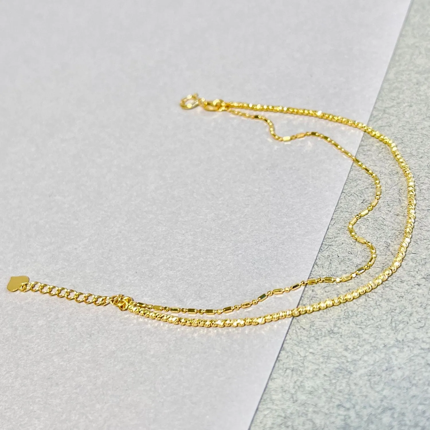 18k Solid Gold Double Chain Diamond Cut Beaded Bracelet