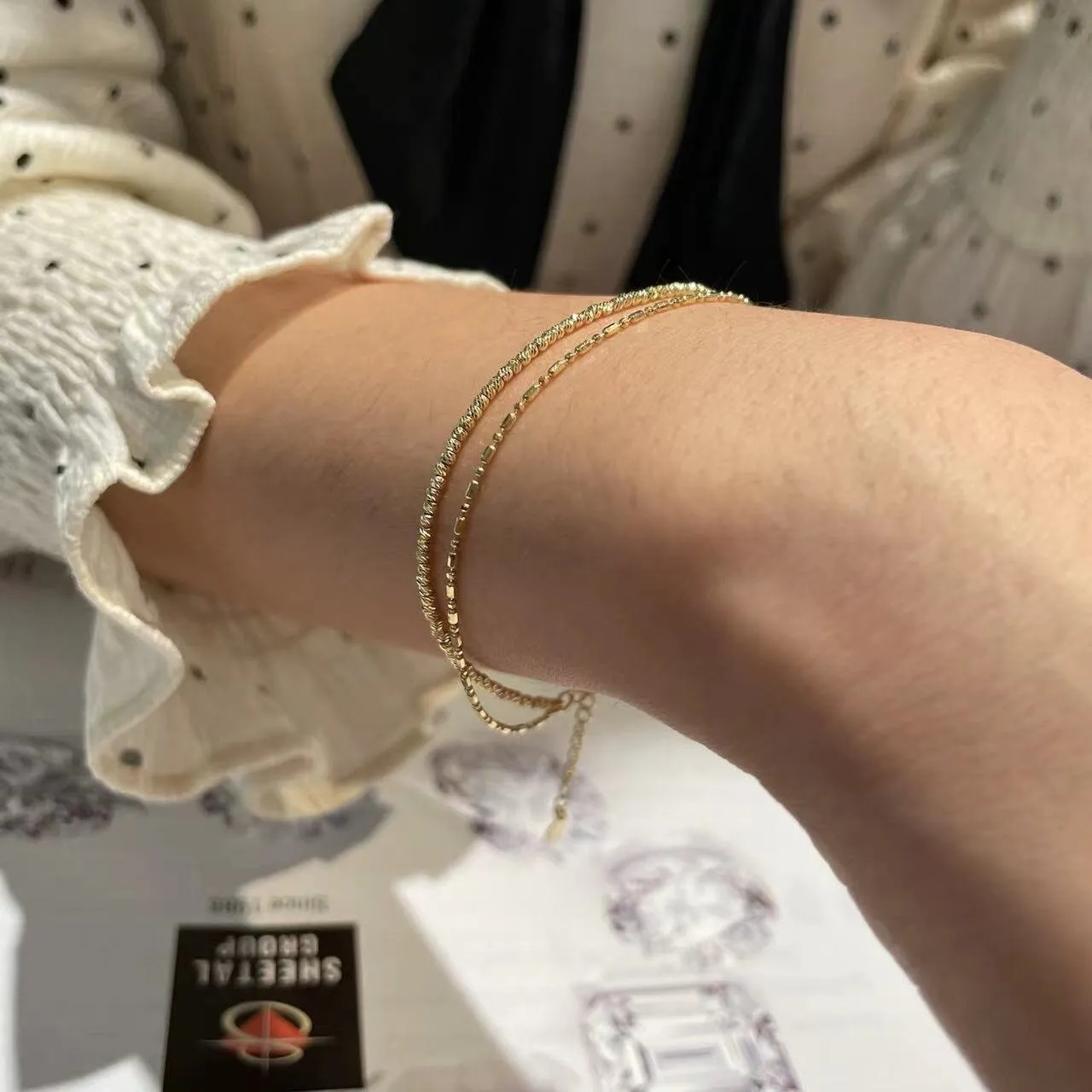18k Solid Gold Double Chain Diamond Cut Beaded Bracelet