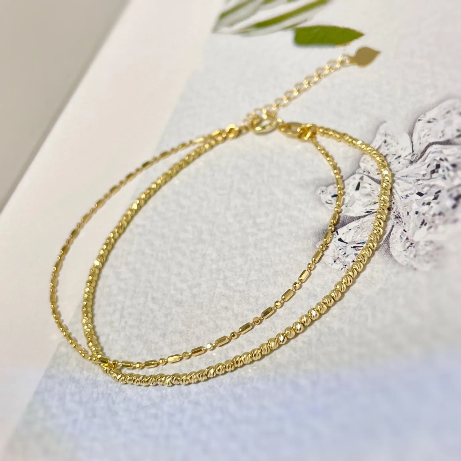 18k Solid Gold Double Chain Diamond Cut Beaded Bracelet