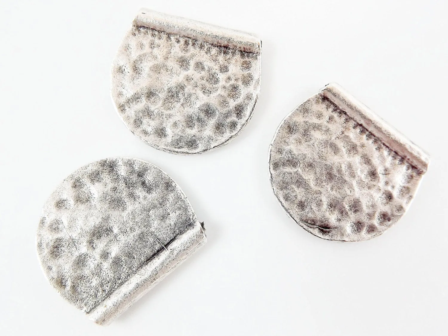 3 Hammered Semi Circle Statement Spacer Bead Pendants - Matte Silver Plated