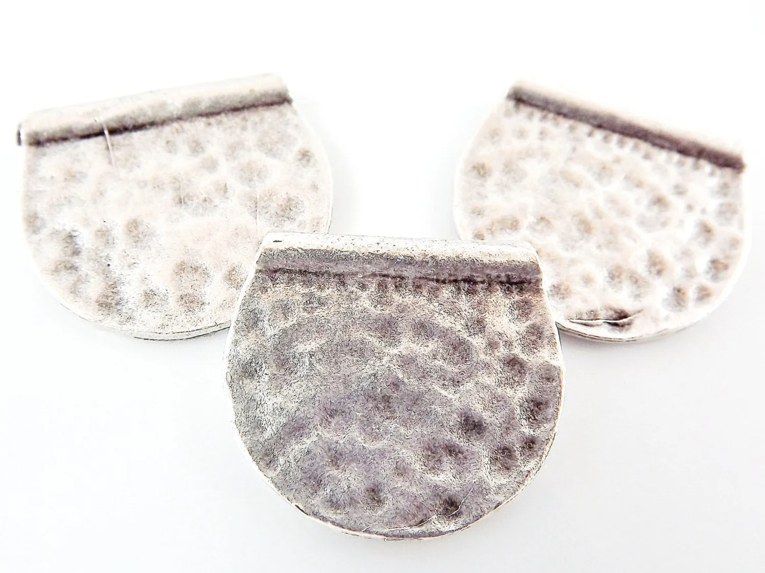 3 Hammered Semi Circle Statement Spacer Bead Pendants - Matte Silver Plated