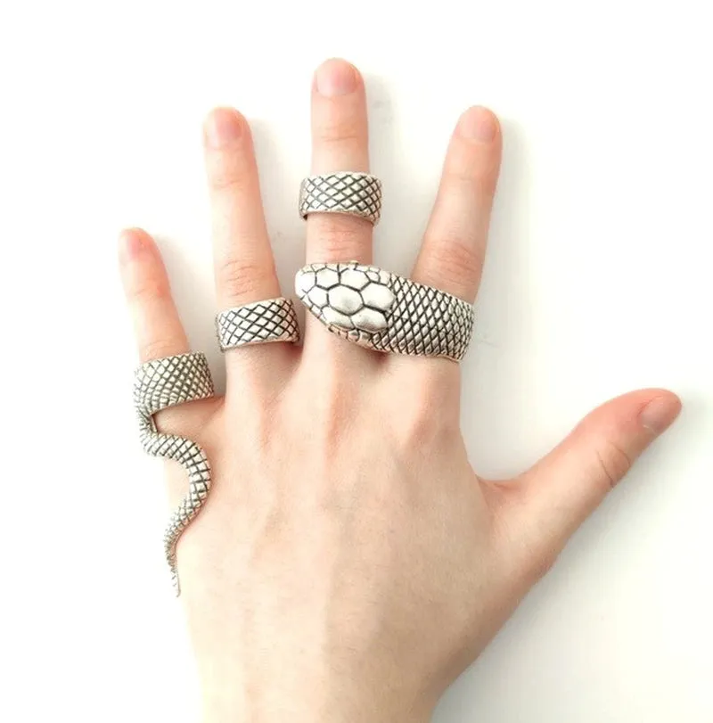 4 Piece Snake Rings Set for Women or Men (Silver or Black)