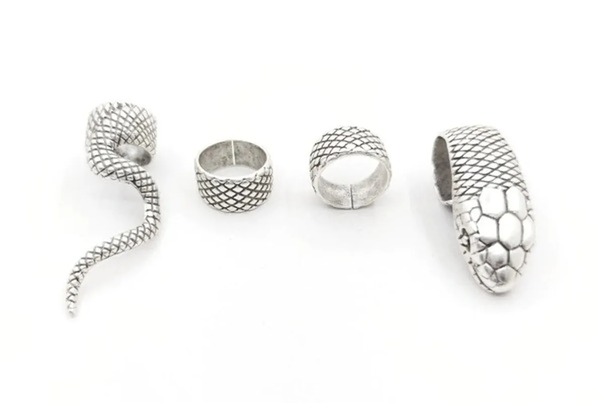 4 Piece Snake Rings Set for Women or Men (Silver or Black)