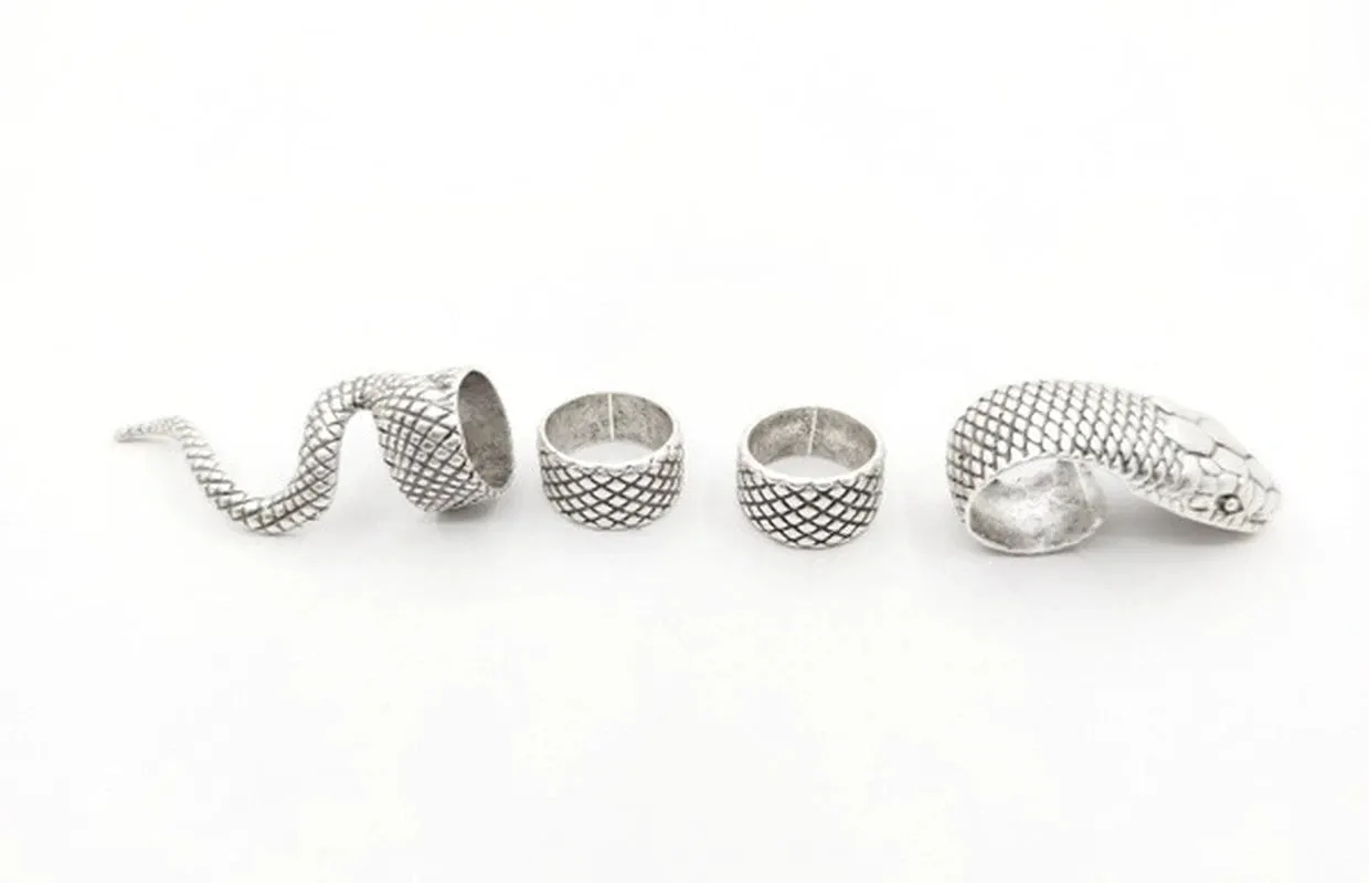4 Piece Snake Rings Set for Women or Men (Silver or Black)