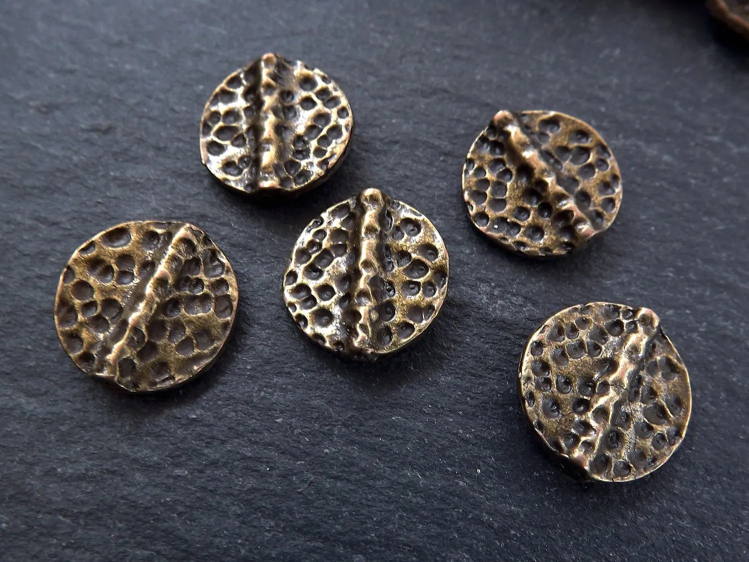 5 Round Hammered Bead Spacers, Disc Beads, Statement Beads, Bronze Beads, Bronze Spacers, Beading Supplies, Antique Bronze Plated