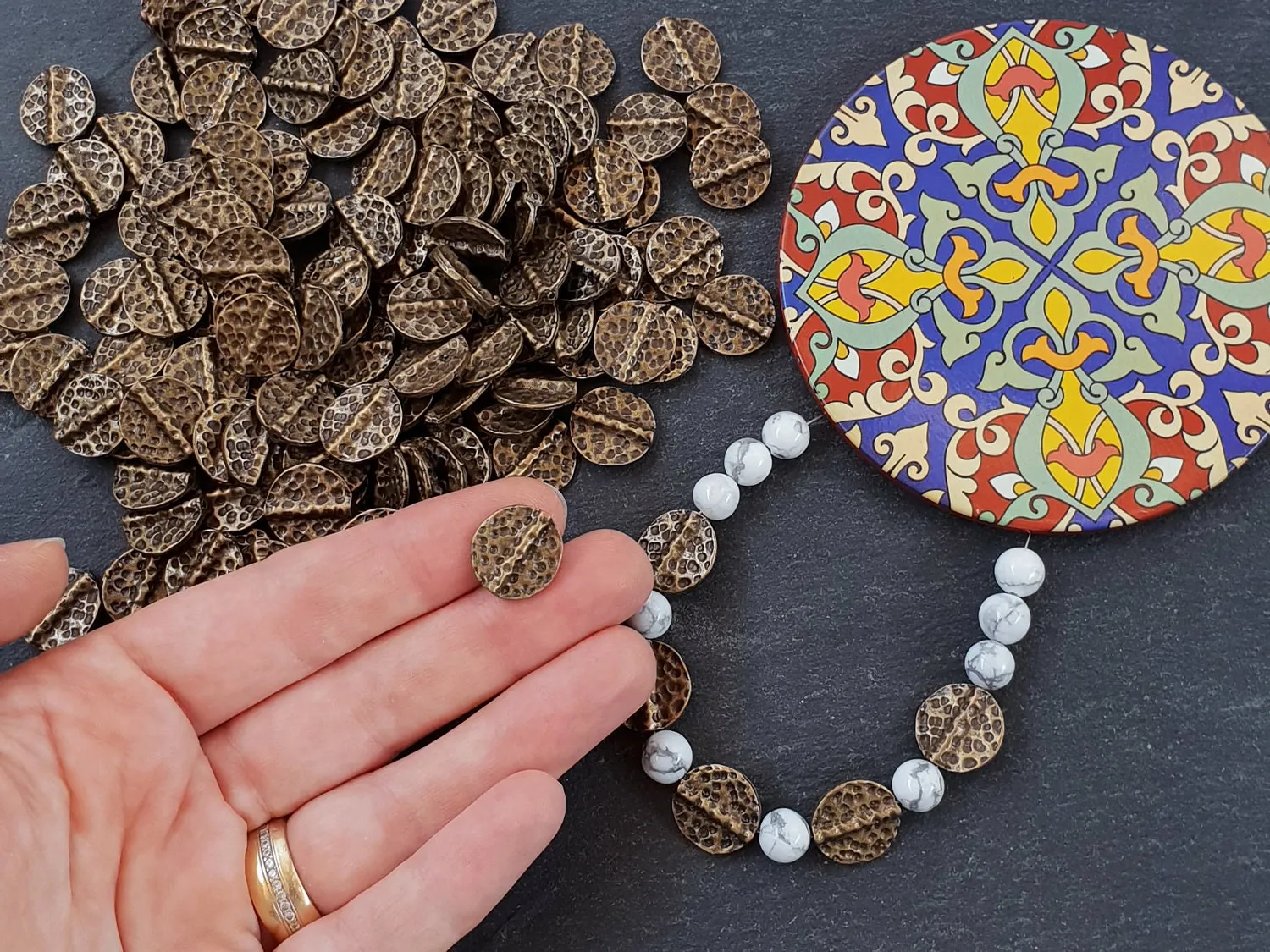5 Round Hammered Bead Spacers, Disc Beads, Statement Beads, Bronze Beads, Bronze Spacers, Beading Supplies, Antique Bronze Plated