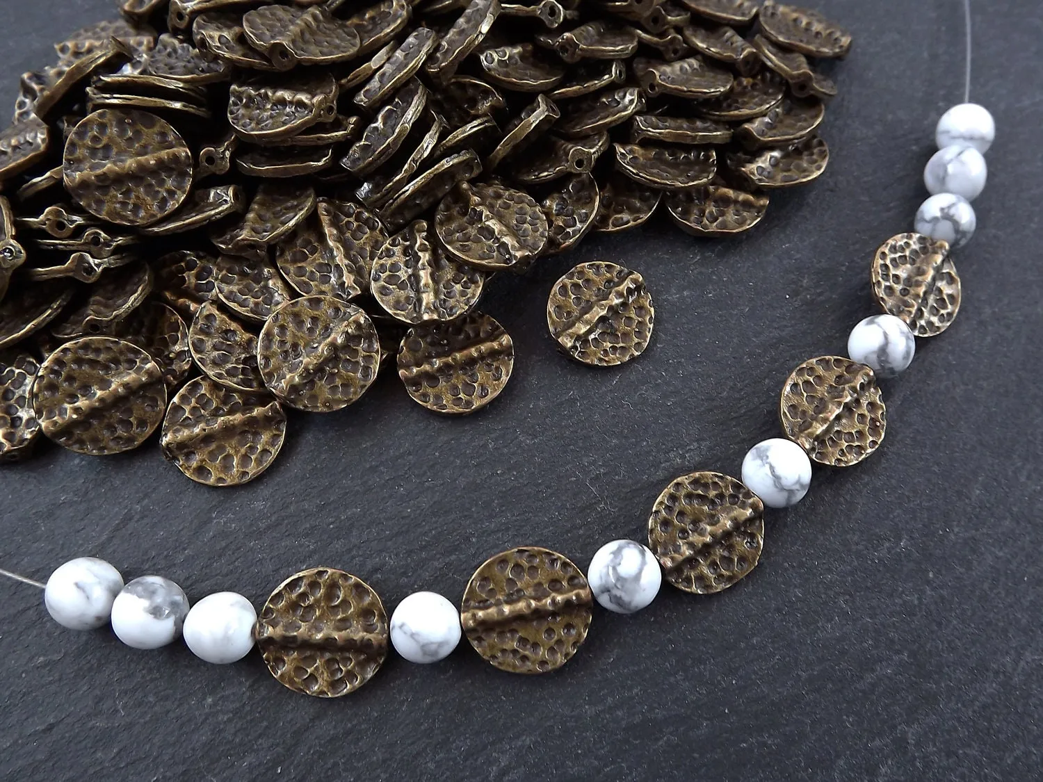 5 Round Hammered Bead Spacers, Disc Beads, Statement Beads, Bronze Beads, Bronze Spacers, Beading Supplies, Antique Bronze Plated