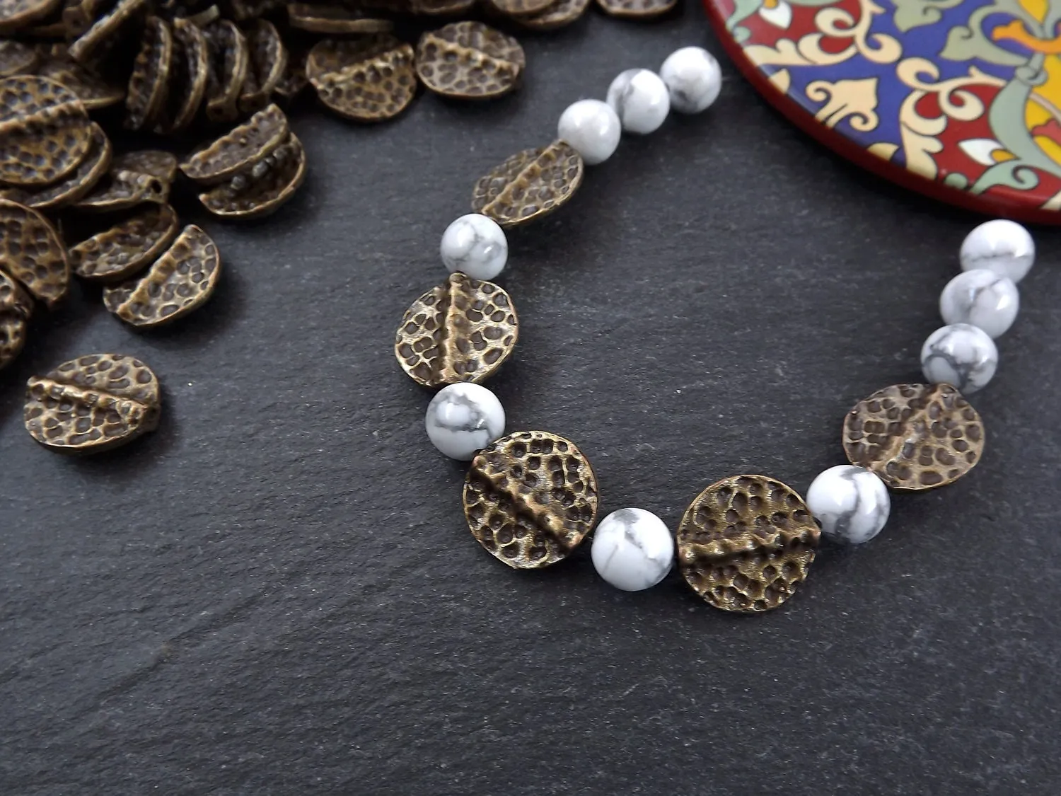 5 Round Hammered Bead Spacers, Disc Beads, Statement Beads, Bronze Beads, Bronze Spacers, Beading Supplies, Antique Bronze Plated