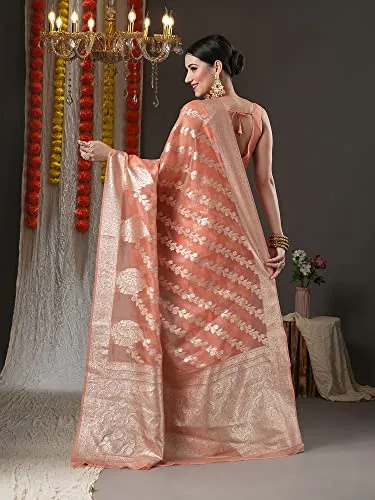 AKHILAM Women's Peach Woven Zari Work Organza Saree With Unstitched Blouse Piece (ORGCL06)
