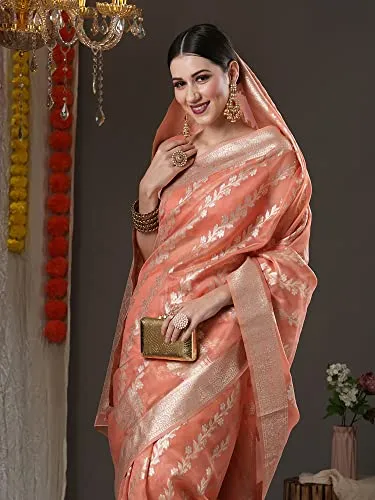 AKHILAM Women's Peach Woven Zari Work Organza Saree With Unstitched Blouse Piece (ORGCL06)
