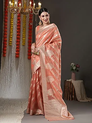 AKHILAM Women's Peach Woven Zari Work Organza Saree With Unstitched Blouse Piece (ORGCL06)