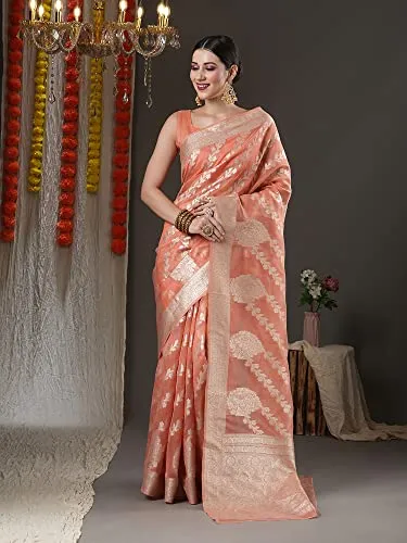 AKHILAM Women's Peach Woven Zari Work Organza Saree With Unstitched Blouse Piece (ORGCL06)