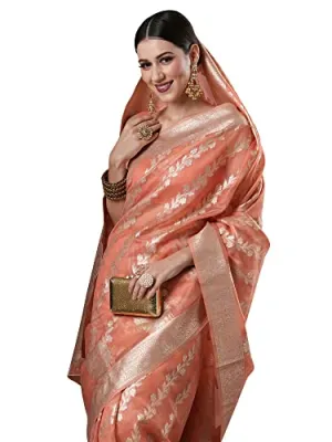 AKHILAM Women's Peach Woven Zari Work Organza Saree With Unstitched Blouse Piece (ORGCL06)