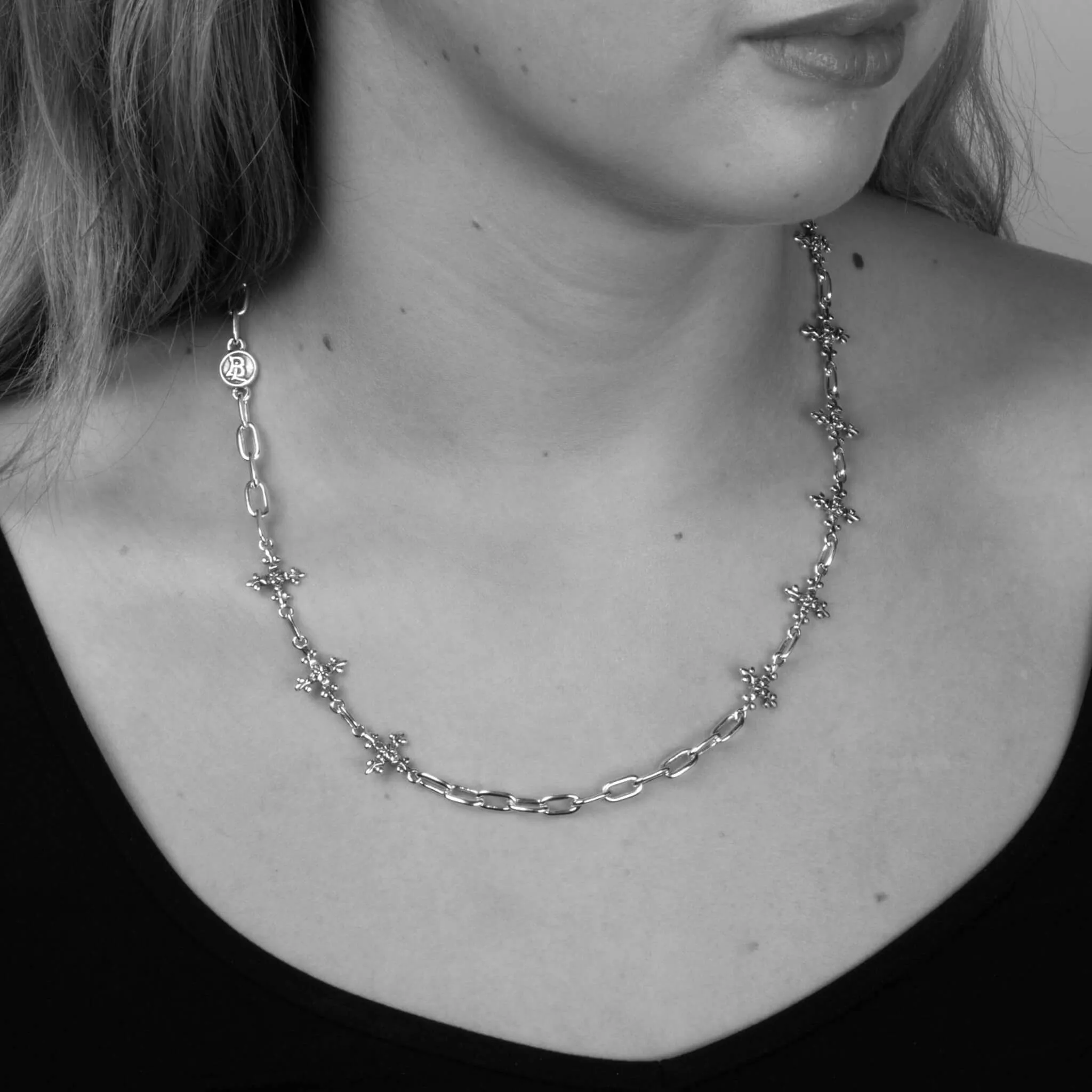 Antique French Cross Mid-Length Chain Necklace in Sterling Silver, 14mm