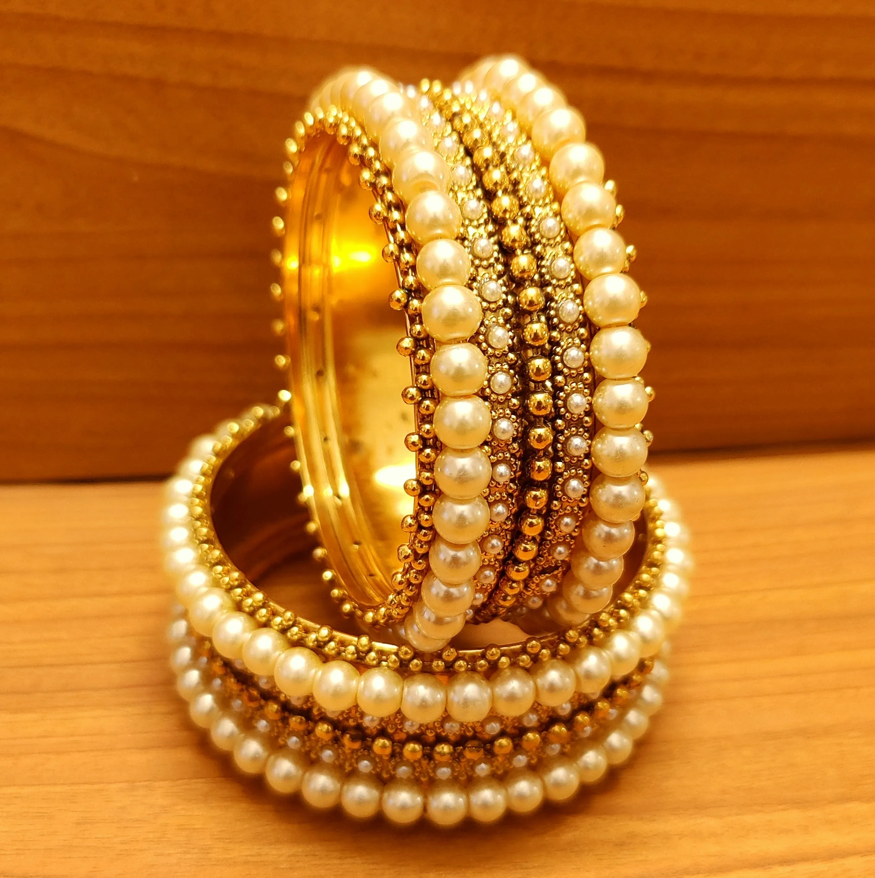 ANTIQUE GOLD LOOK PEARL BROAD GOLD PLATED BANGLES
