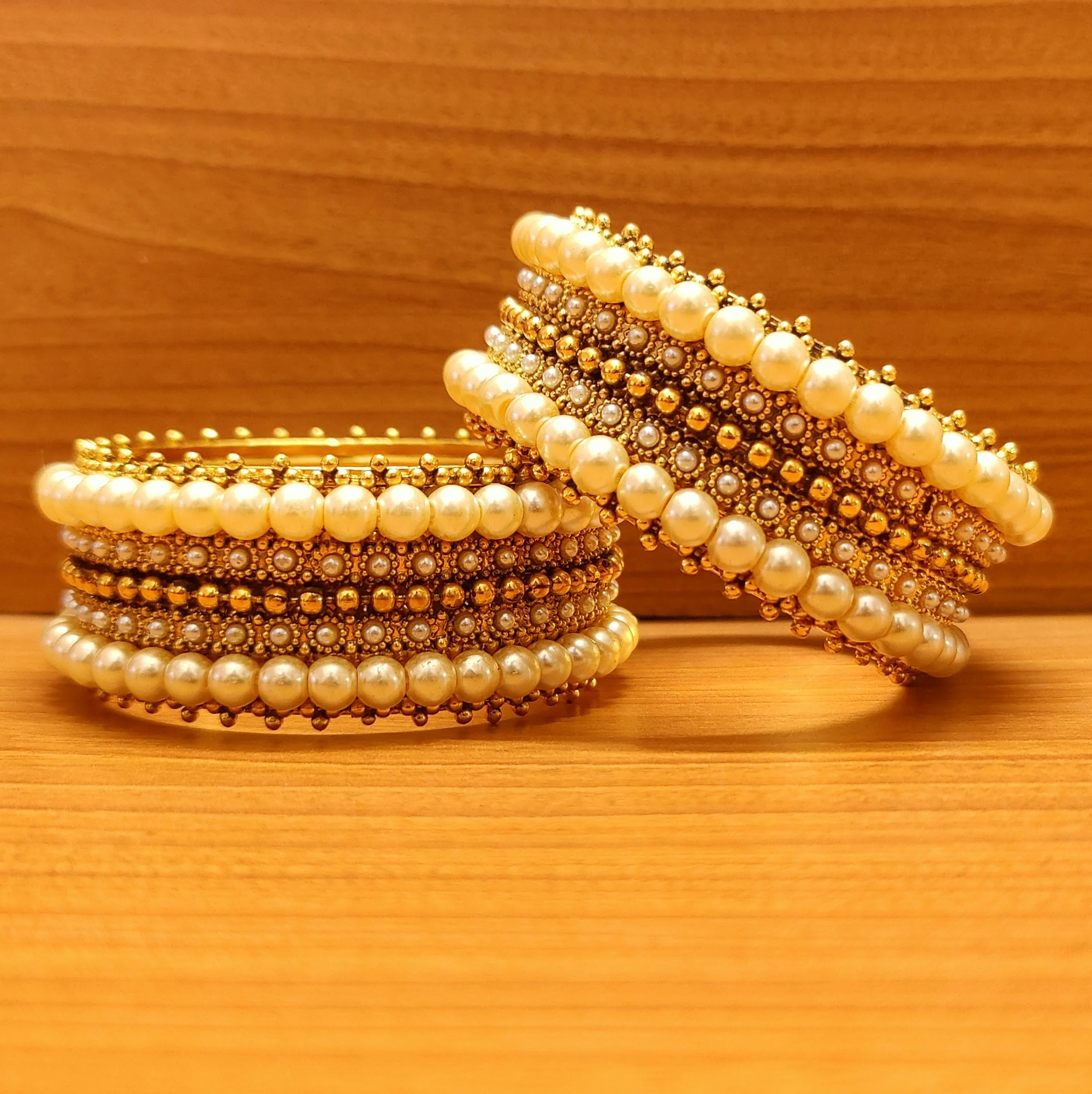 ANTIQUE GOLD LOOK PEARL BROAD GOLD PLATED BANGLES