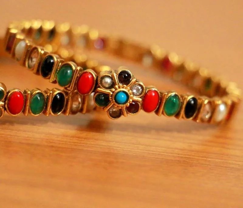 ANTIQUE GOLD PLATED NAVRATAN LOOK OPENABLE BANGLES