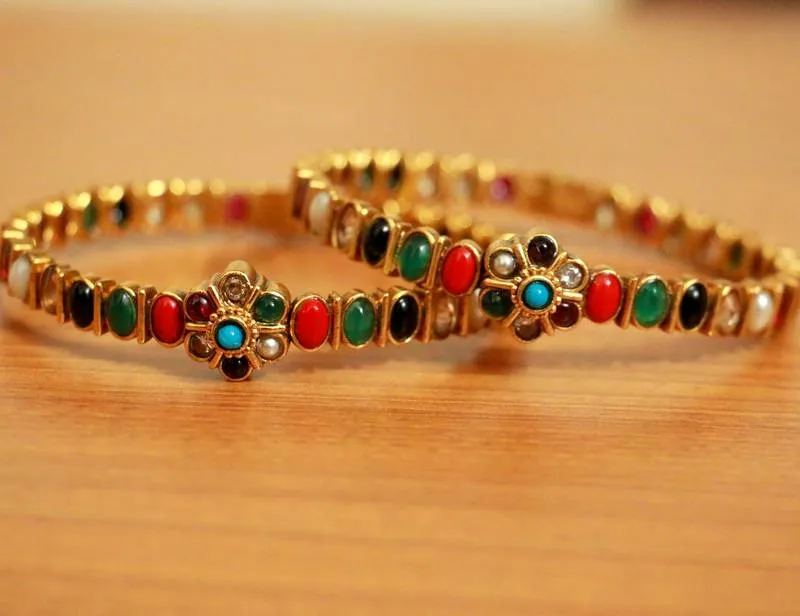 ANTIQUE GOLD PLATED NAVRATAN LOOK OPENABLE BANGLES