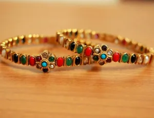 ANTIQUE GOLD PLATED NAVRATAN LOOK OPENABLE BANGLES