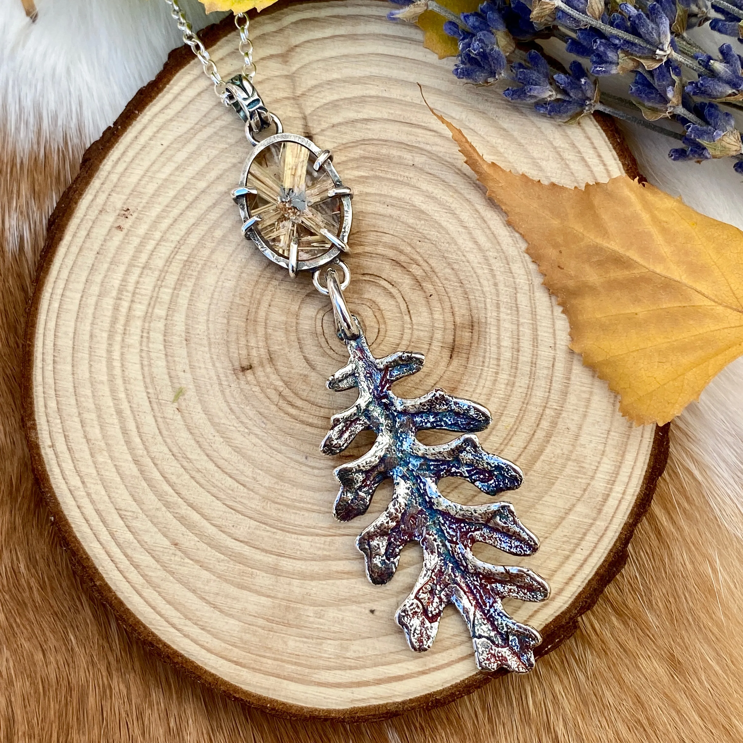 Autumn leave II and six point star Rulite gem sterling silver necklace