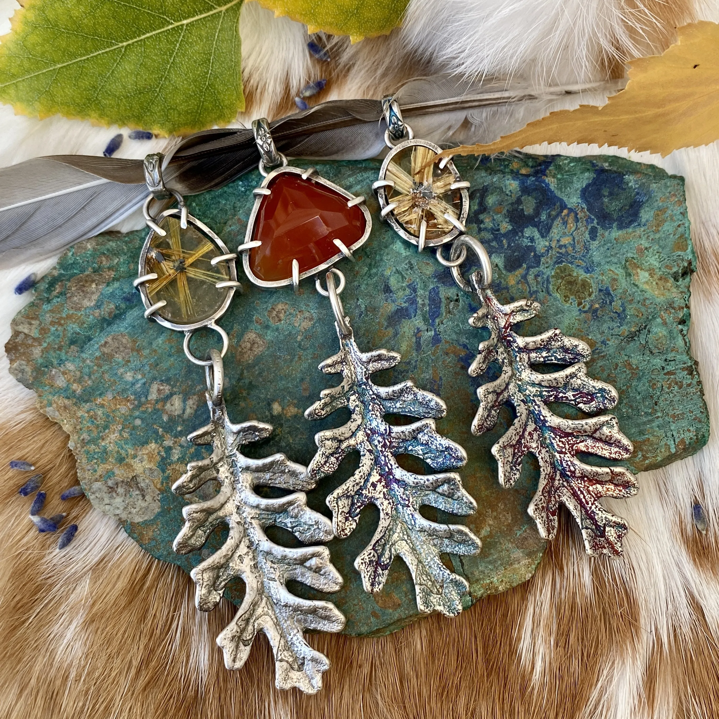 Autumn leave II and six point star Rulite gem sterling silver necklace