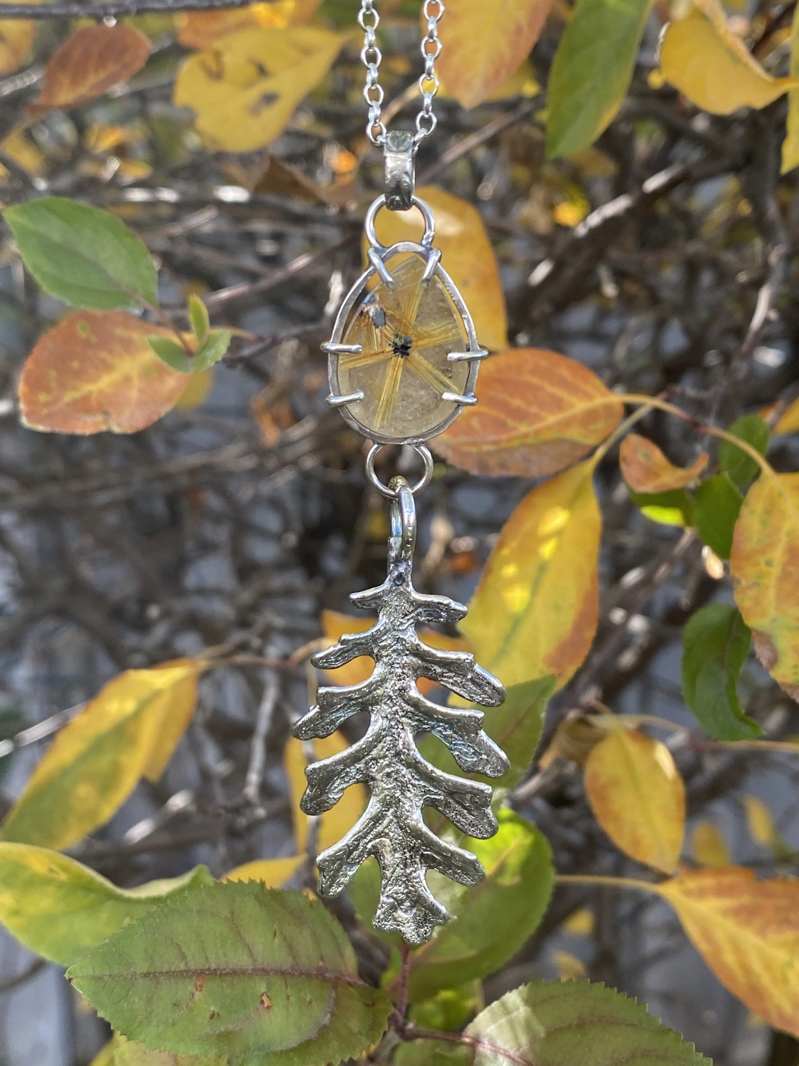 Autumn leave II and six point star Rulite gem sterling silver necklace