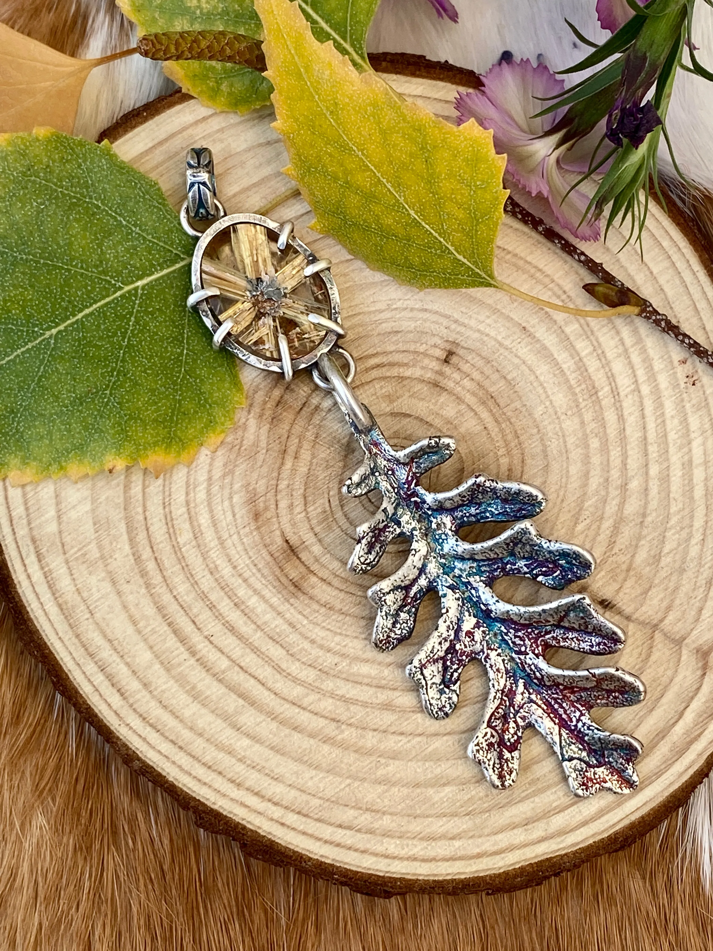 Autumn leave II and six point star Rulite gem sterling silver necklace