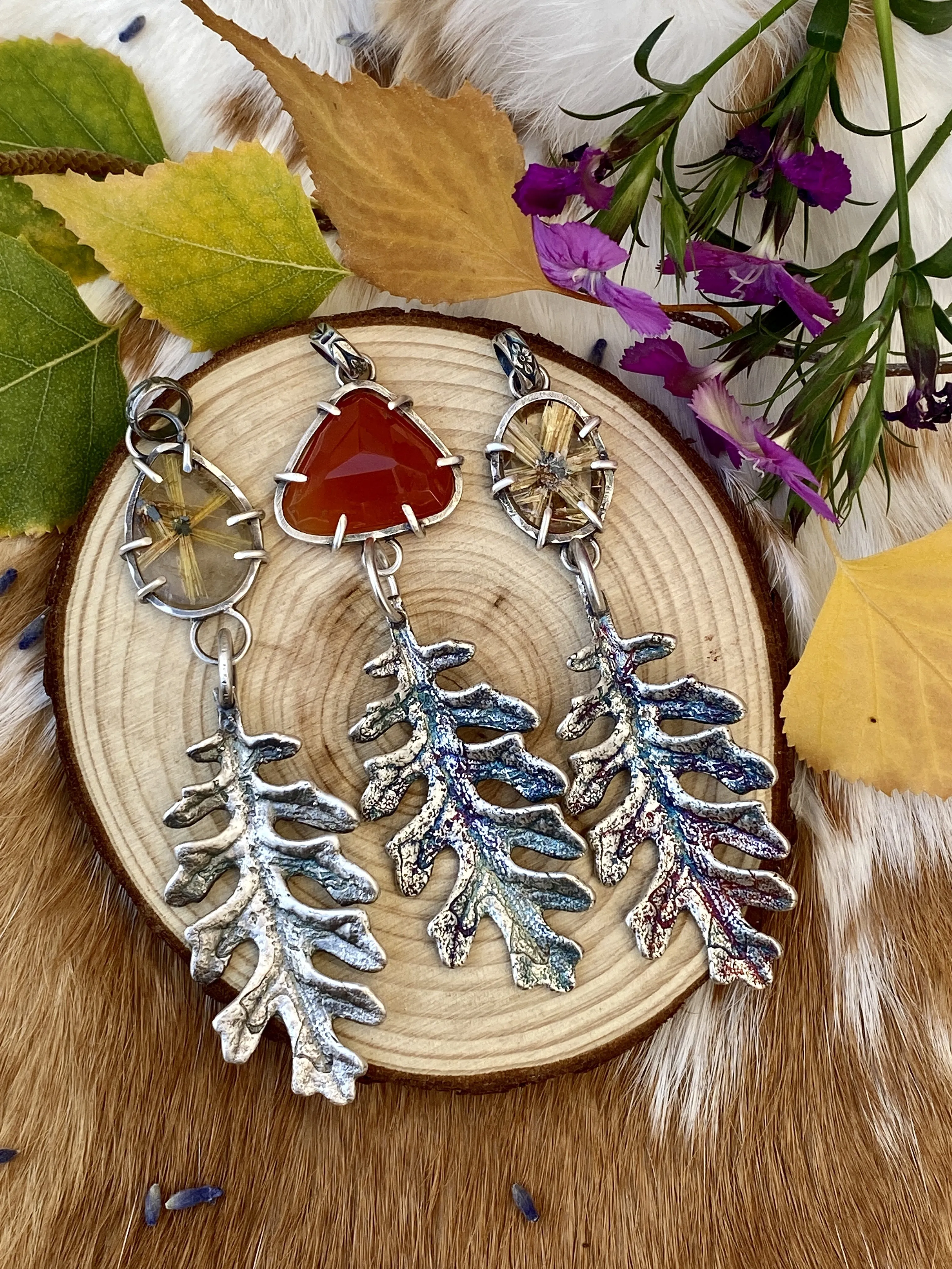 Autumn leave II and six point star Rulite gem sterling silver necklace