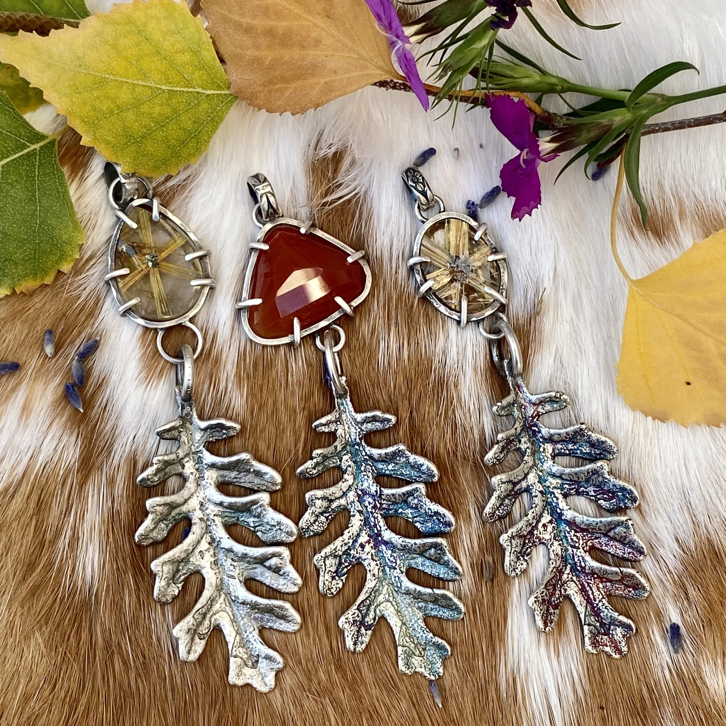Autumn leave II and six point star Rulite gem sterling silver necklace