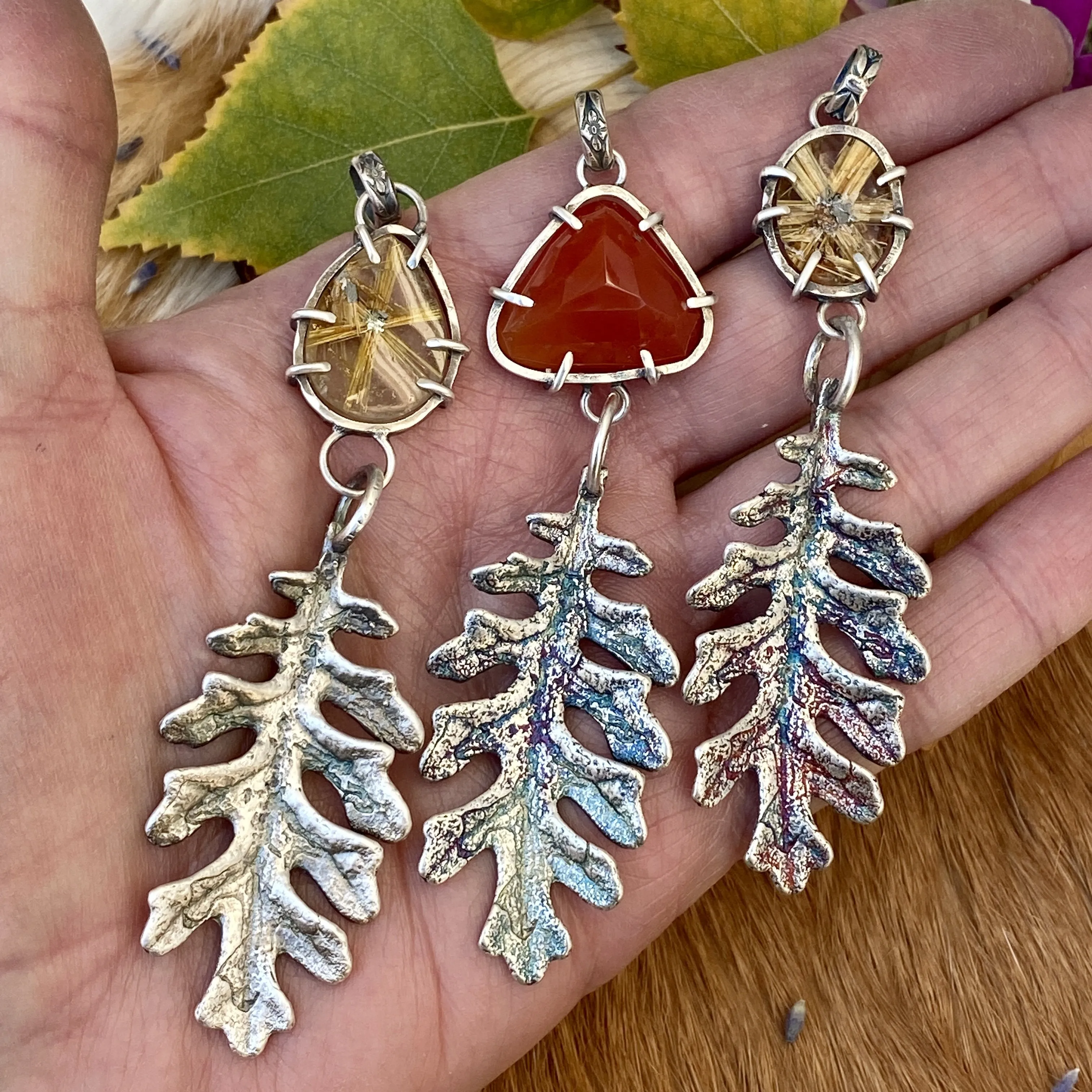 Autumn leave II and six point star Rulite gem sterling silver necklace