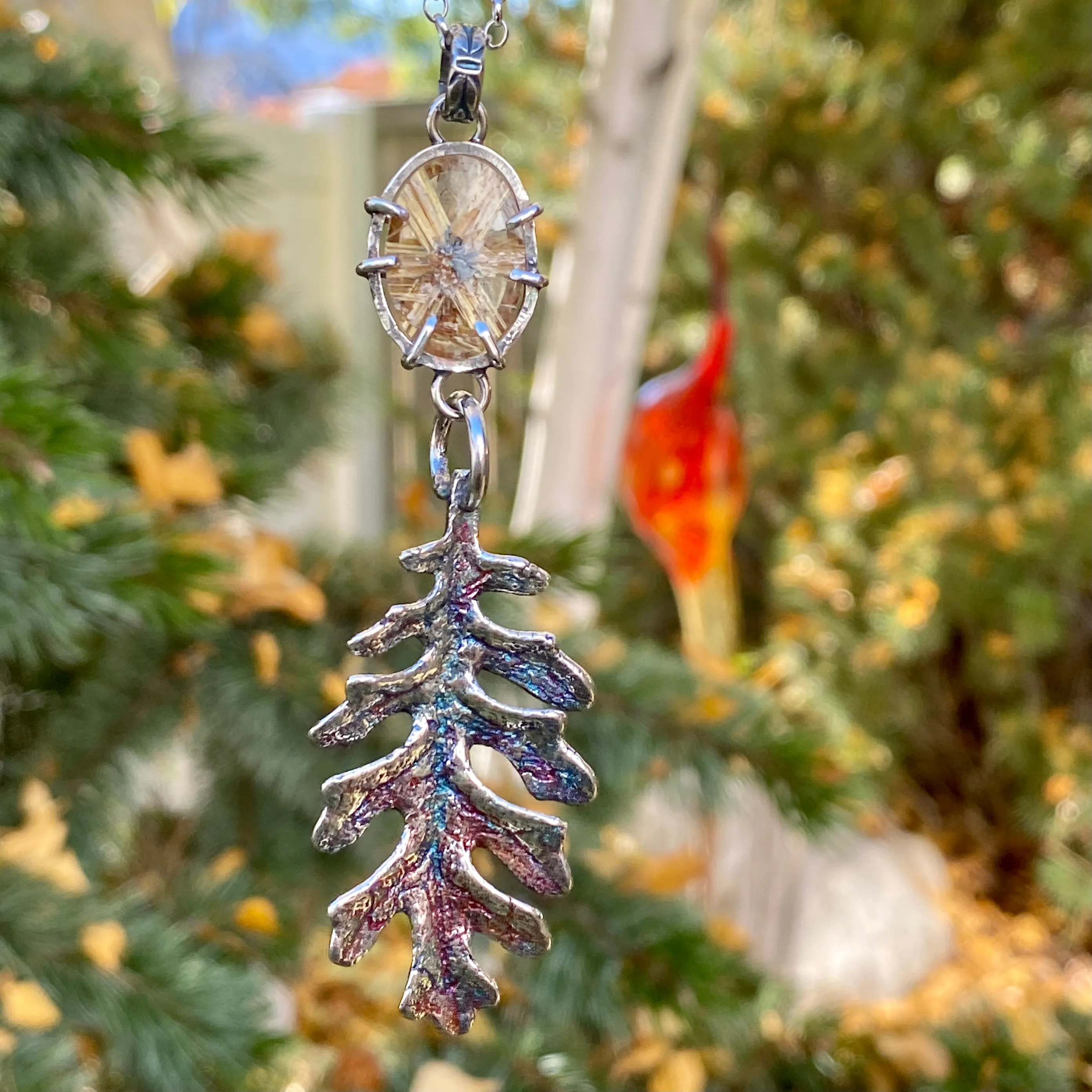 Autumn leave II and six point star Rulite gem sterling silver necklace