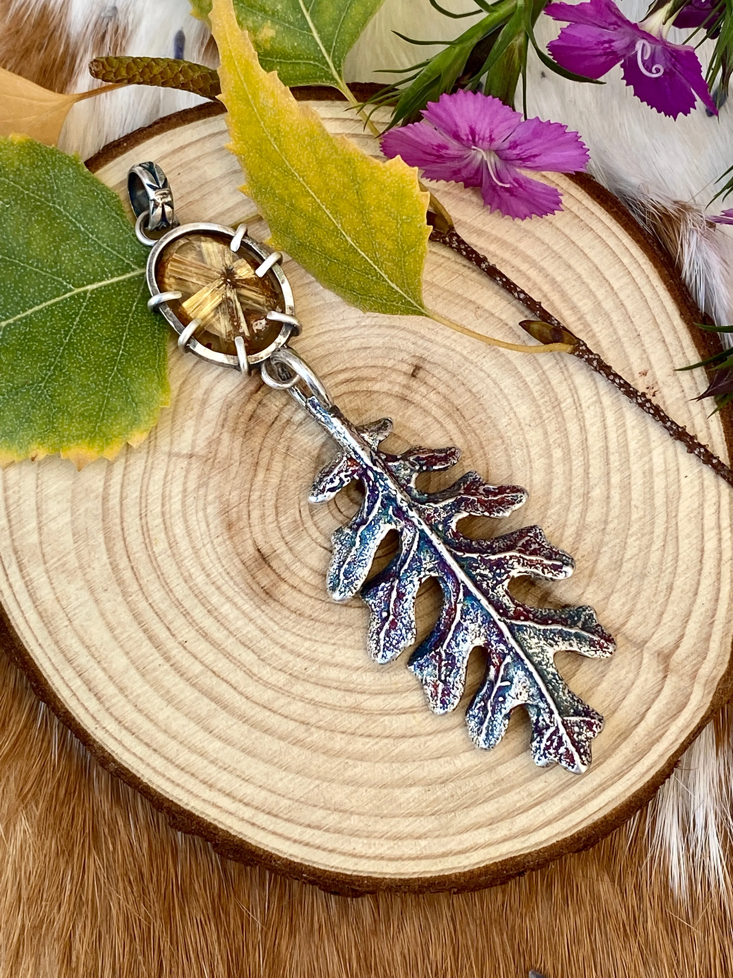 Autumn leave II and six point star Rulite gem sterling silver necklace