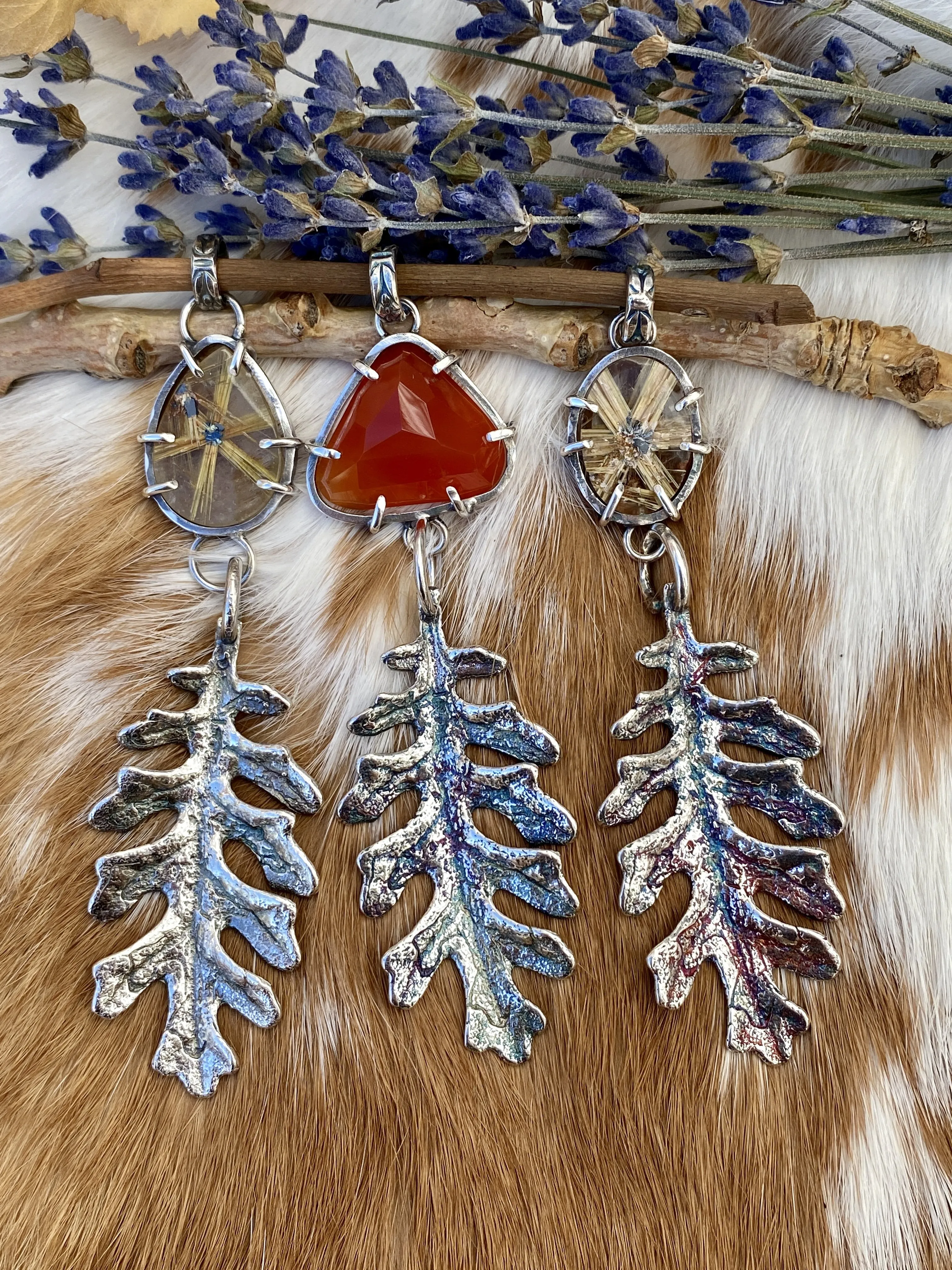 Autumn leave II and six point star Rulite gem sterling silver necklace