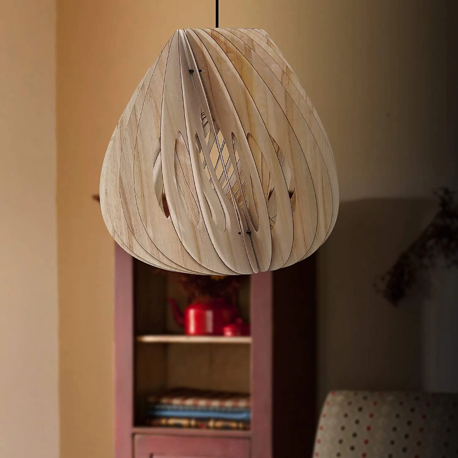 Benzara 60 Watt Aryballos Shape Wooden Ceiling Pendant, Oak Brown