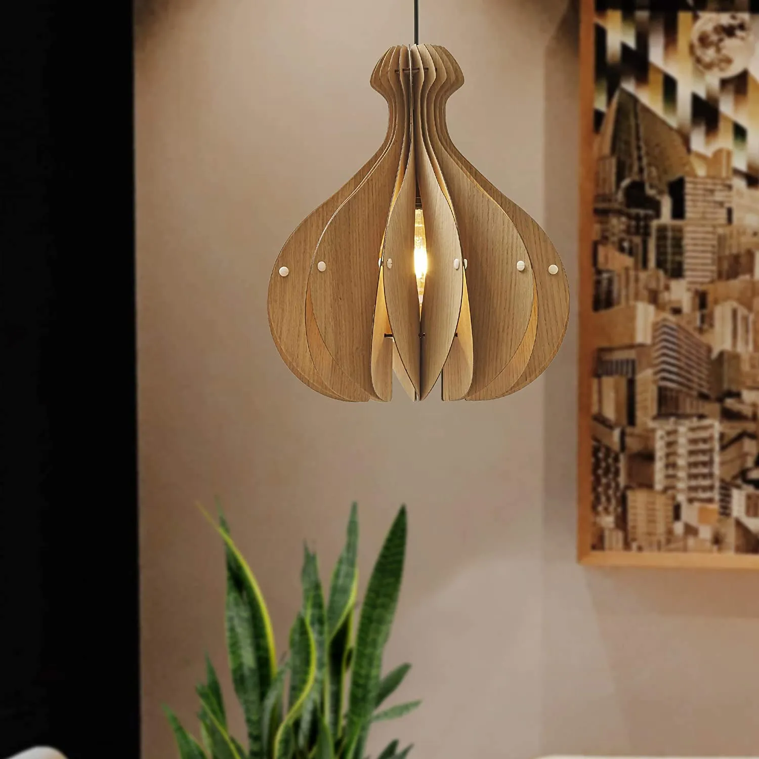 Benzara 60 Watt Fluted Vase Shape Wooden Ceiling Pendant, Oak Brown