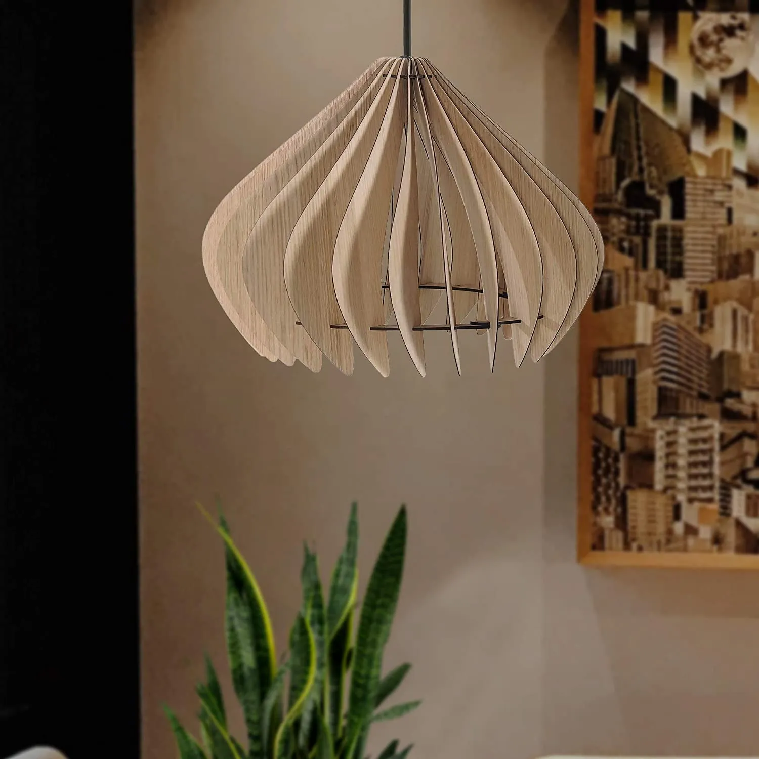 Benzara 60 Watt Semi Cage Shape Wooden Ceiling Pendant, Oak Brown