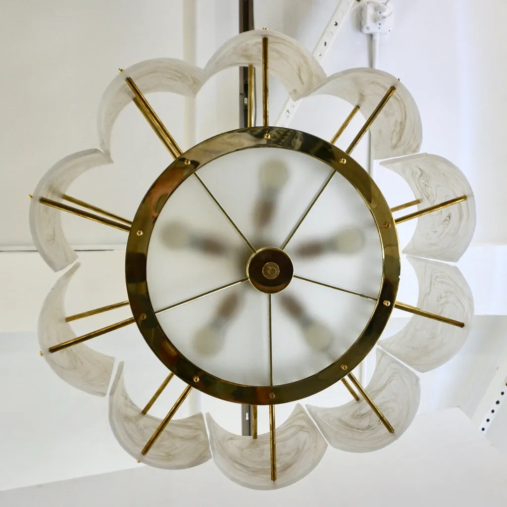 Bespoke Italian Crystal Ivory White Murano Glass Brass Chandelier / Flushmount