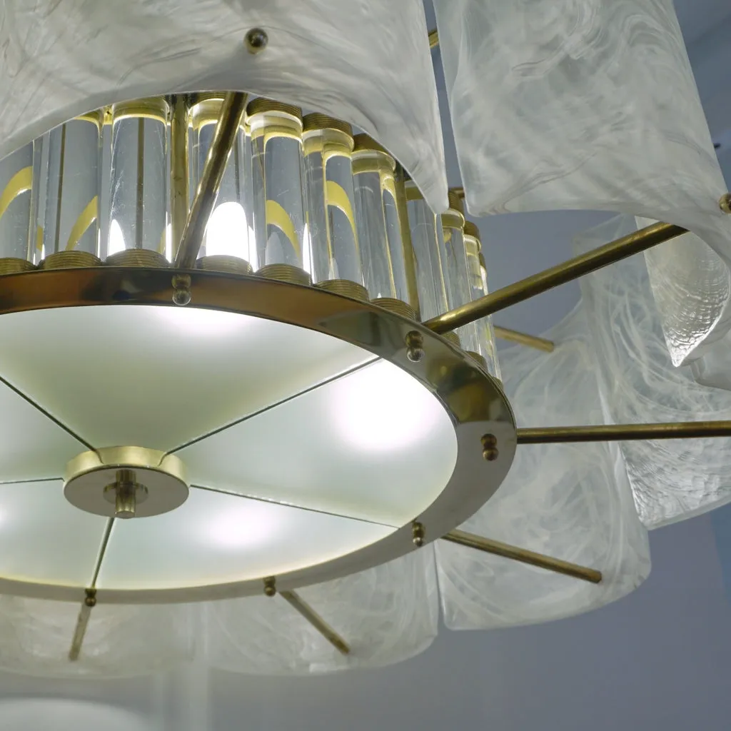 Bespoke Italian Crystal Ivory White Murano Glass Brass Chandelier / Flushmount