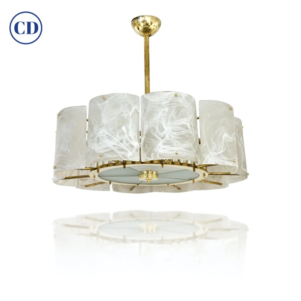Bespoke Italian Crystal Ivory White Murano Glass Brass Chandelier / Flushmount