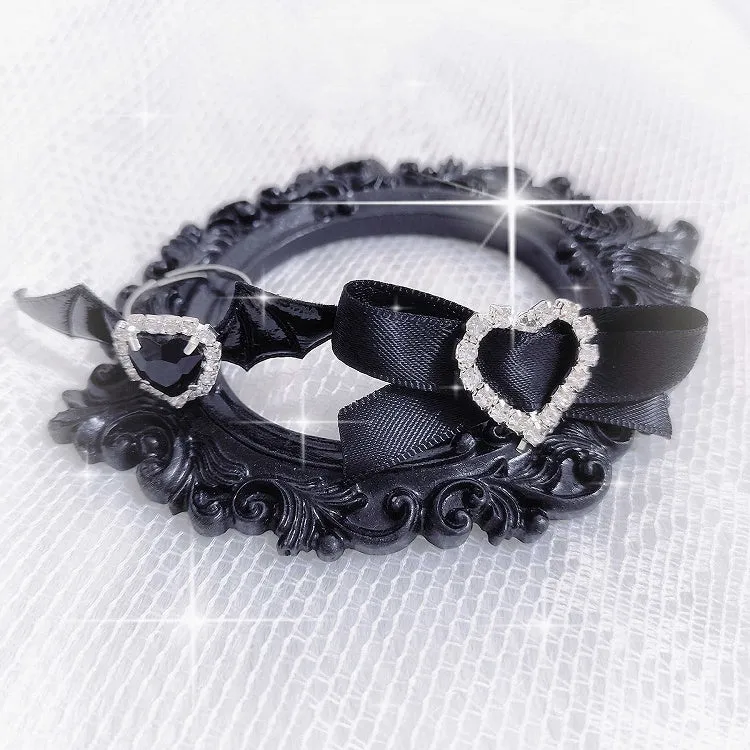 Black White Jirai Kei Devil Wings Cross and Heart Rhinestones Adorned Bowknot Bracelet with Rings Set