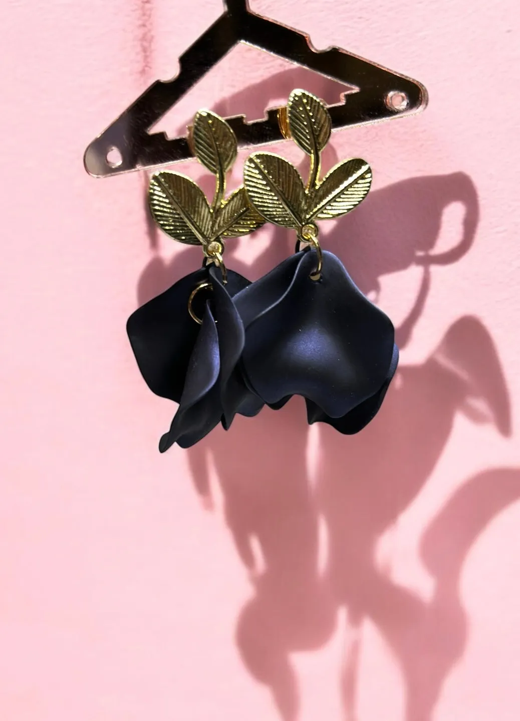 Blue - Navy iridescent flower earrings | golden leaf style earrings