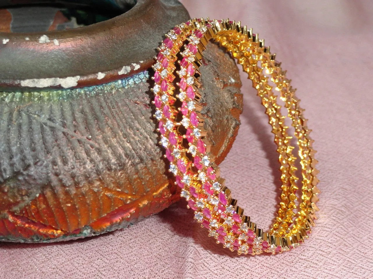 Bridal or Bridesmaid Jewelry from India. Pink Ruby & White Diamond like stone ethnic bangles. Indian, handmade  "Cherry Blossoms". From Artikrti.