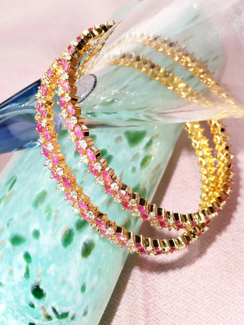 Bridal or Bridesmaid Jewelry from India. Pink Ruby & White Diamond like stone ethnic bangles. Indian, handmade  "Cherry Blossoms". From Artikrti.