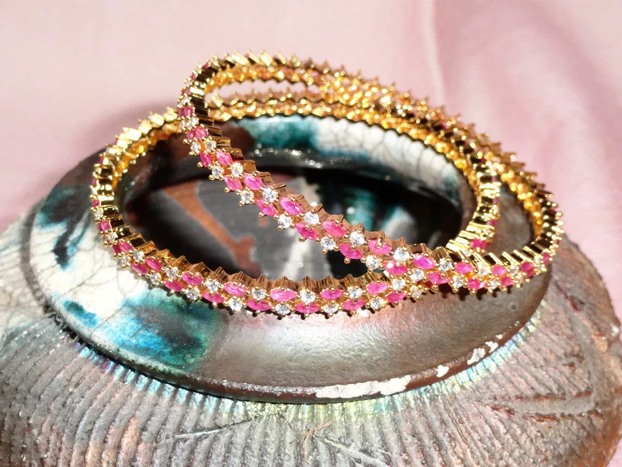 Bridal or Bridesmaid Jewelry from India. Pink Ruby & White Diamond like stone ethnic bangles. Indian, handmade  "Cherry Blossoms". From Artikrti.
